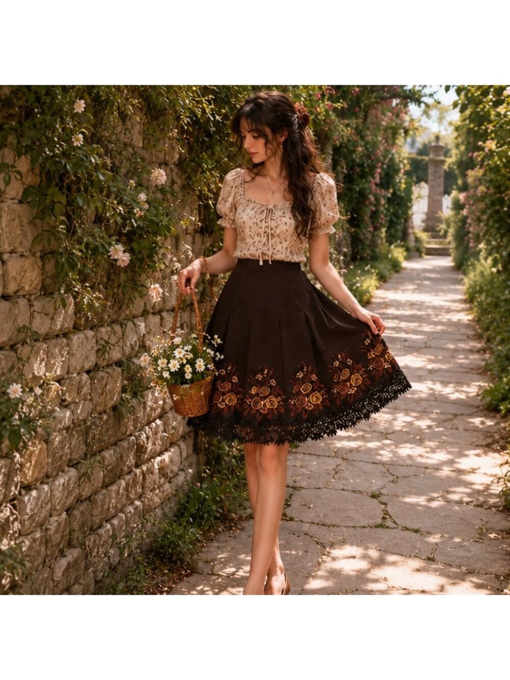 Cynthia Steffe Embroidered Floral A-Line Skirt Brpwn Lace Hem Size 10